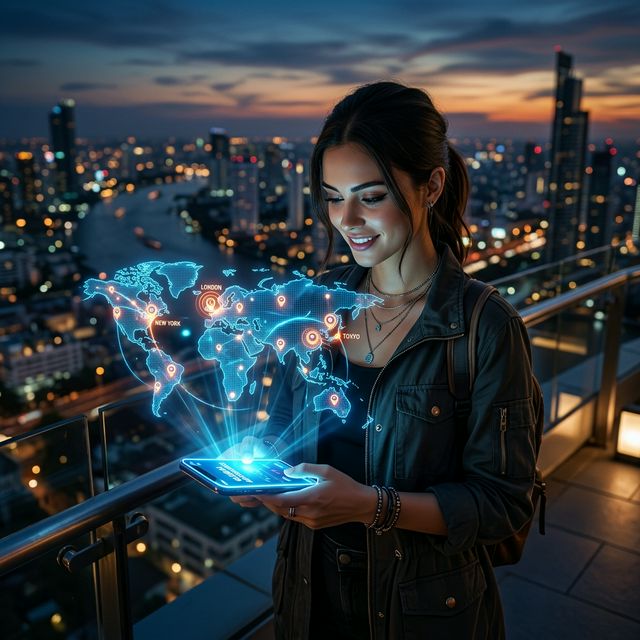 Traveler with holographic globe
